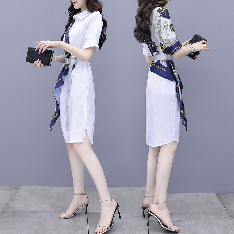 白色衬衫连衣裙女春夏2022年新款收腰显瘦时尚气质轻熟风印花裙子