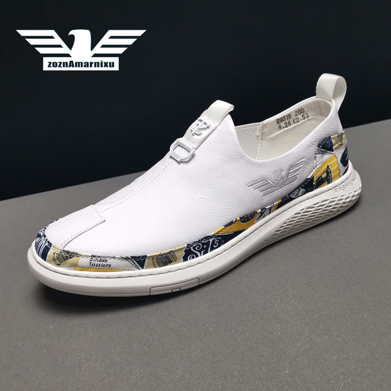 2021秋季新款利登阿玛尼欧洲站休闲鞋男士懒人小白鞋真皮白色皮鞋