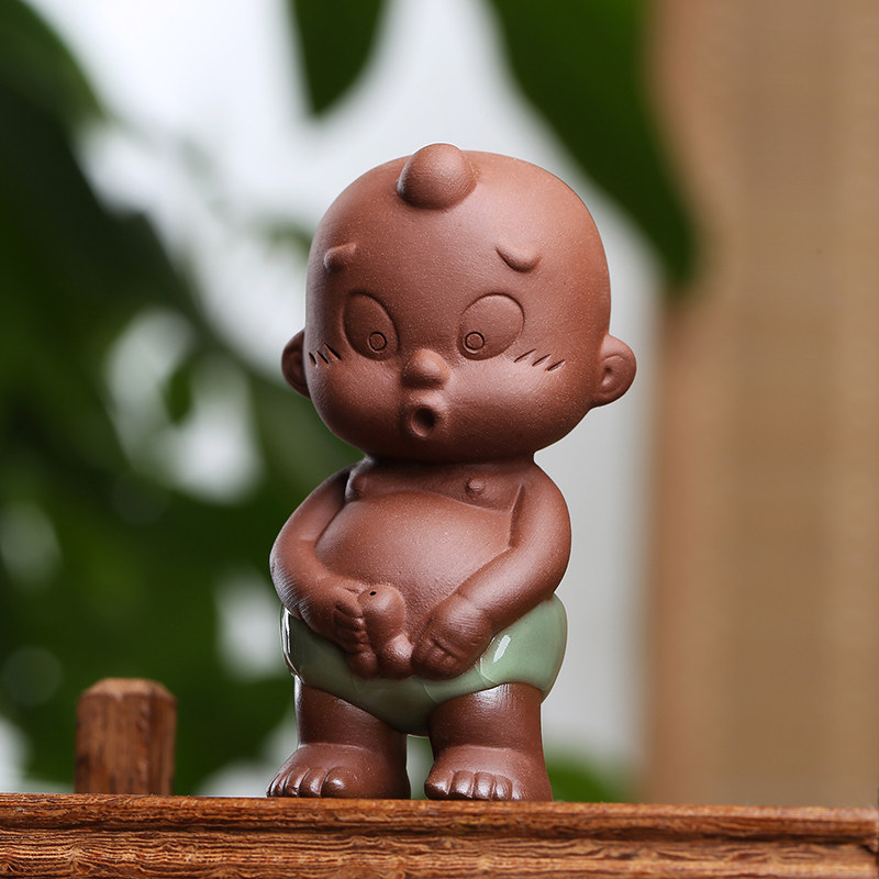 茶宠紫砂哥窑开片喷水撒尿小和尚童子茶玩茶盘茶宠摆件