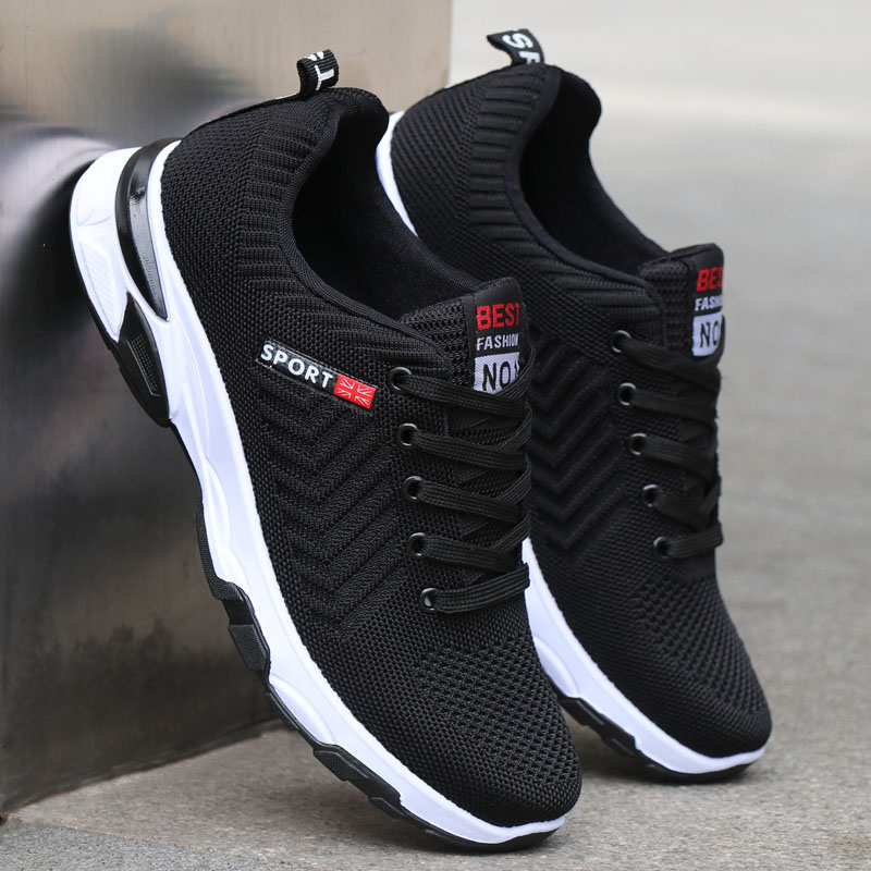 正品秋季2021新款男士潮流网面透气黑色帆布百搭休闲运动跑步鞋子