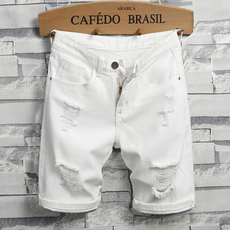 牛仔短裤男夏季薄款白色破洞潮牌男款黑色五分七分牛仔裤男士裤子