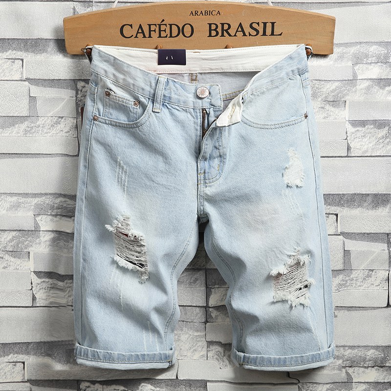 2022浅色5分港风白色破洞牛仔短裤男潮牌五分裤四分中裤夏季薄款