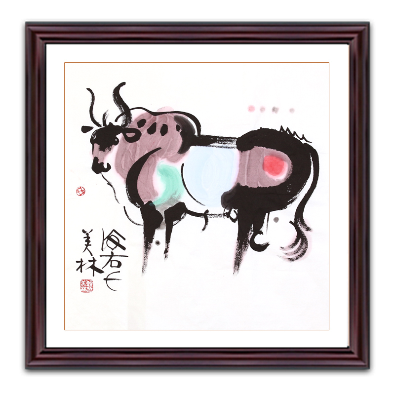 琢璞堂带框装饰画儿童房挂画名人字画手绘临摹韩美林国画生肖牛