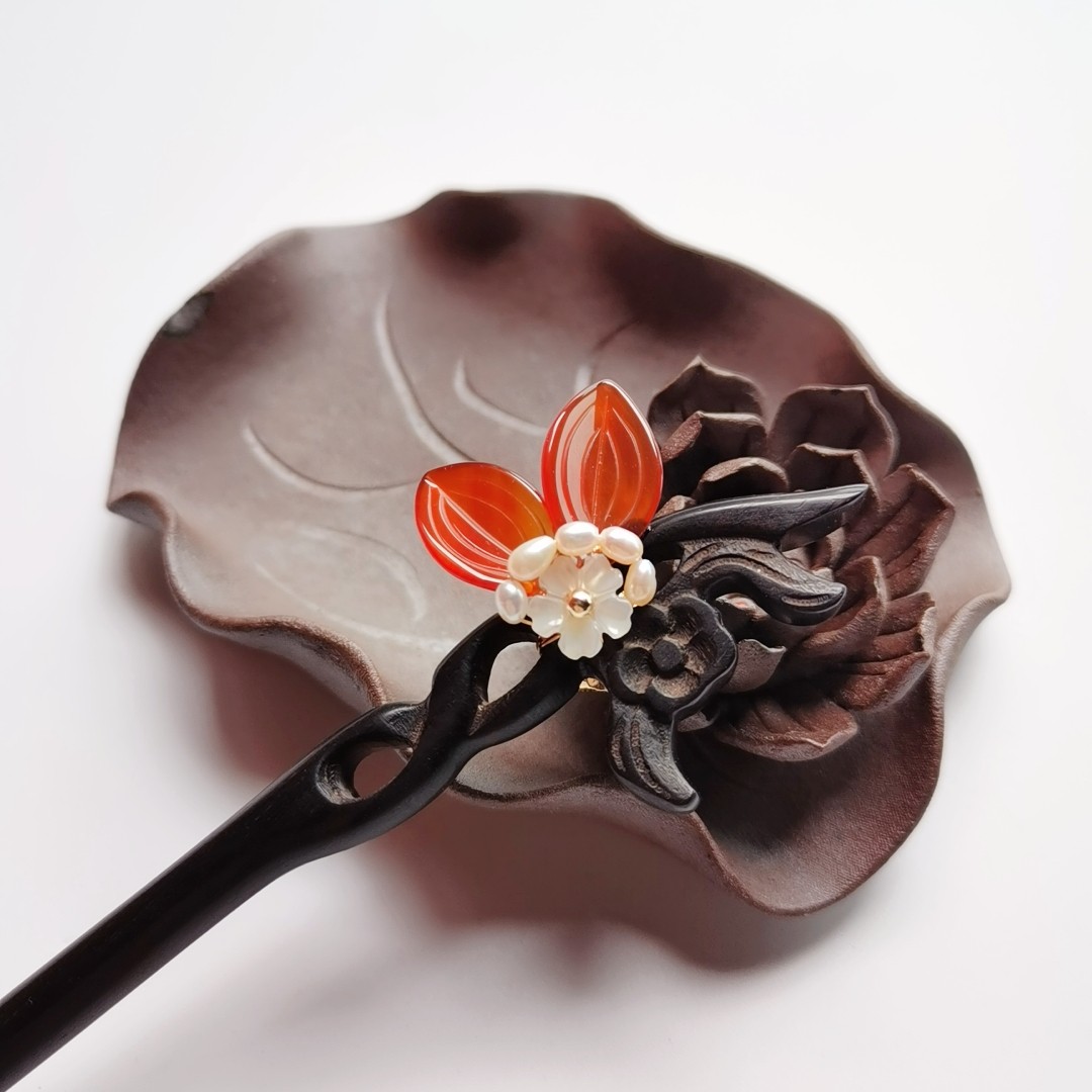 古代风发发簪复古古典檀木发钗粉晶荷花包邮发饰