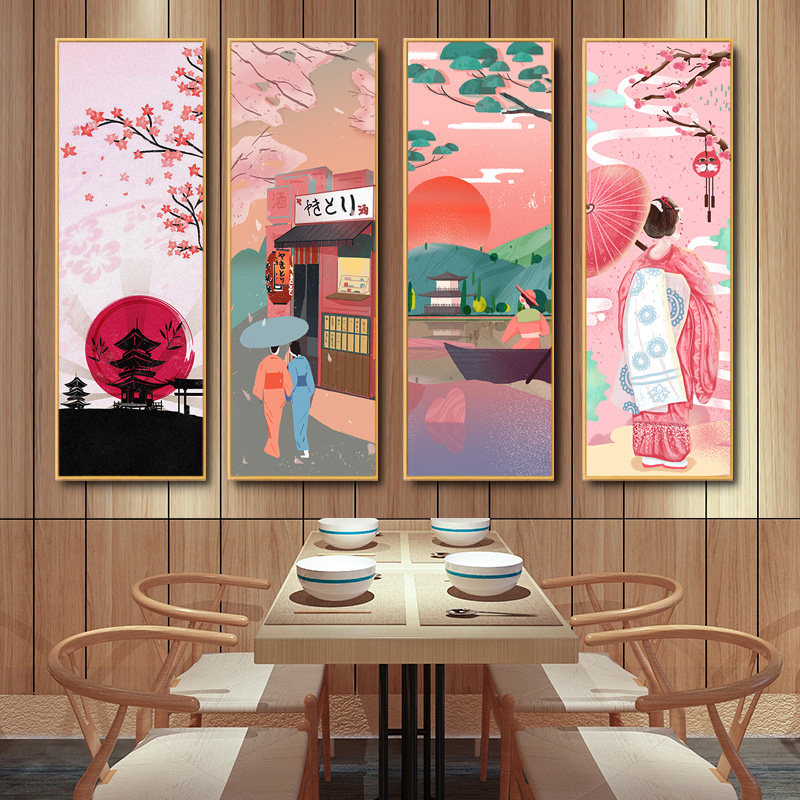 日本和风浮世绘樱花风景鱼仙鹤装饰画日料酒店餐厅挂画居酒屋壁画
