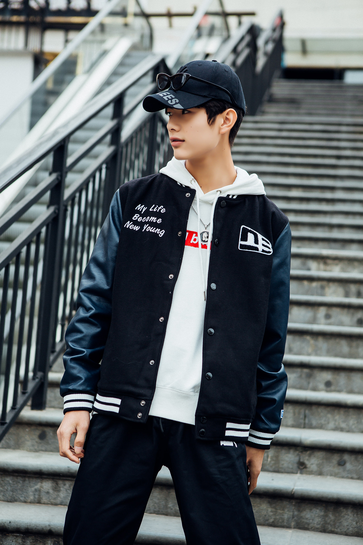 mlbny正品黑色棒球服男2019新款秋冬毛呢修身夹克