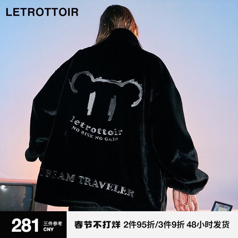 LETROTTOIR冬季二代幽灵熊毛绒保暖棉衣男生嘻哈潮流加厚棉服外套