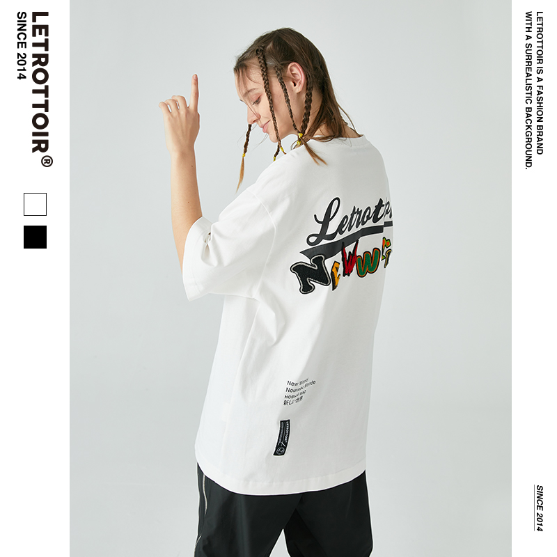 LETROTTOIR 国潮嘻哈夏季短袖印花贴标字母潮牌五分袖T恤宽松tee