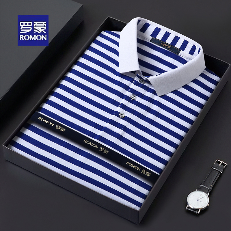 罗蒙翻领海魂衫短袖t恤男蓝白条纹polo衫纯棉学院风水手服半袖夏
