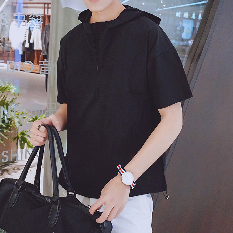 夏季男士连帽潮牌薄款冰丝短袖卫衣男潮流宽松半截中袖外套上衣衫