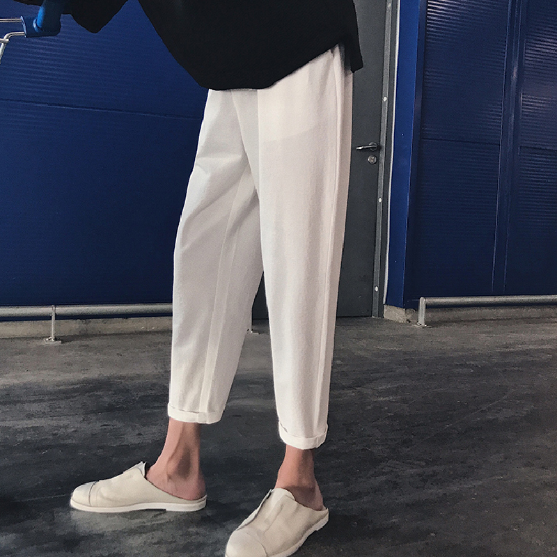白色裤子男夏季薄款男士直筒小脚冰丝休闲裤高街ins潮牌九分男裤