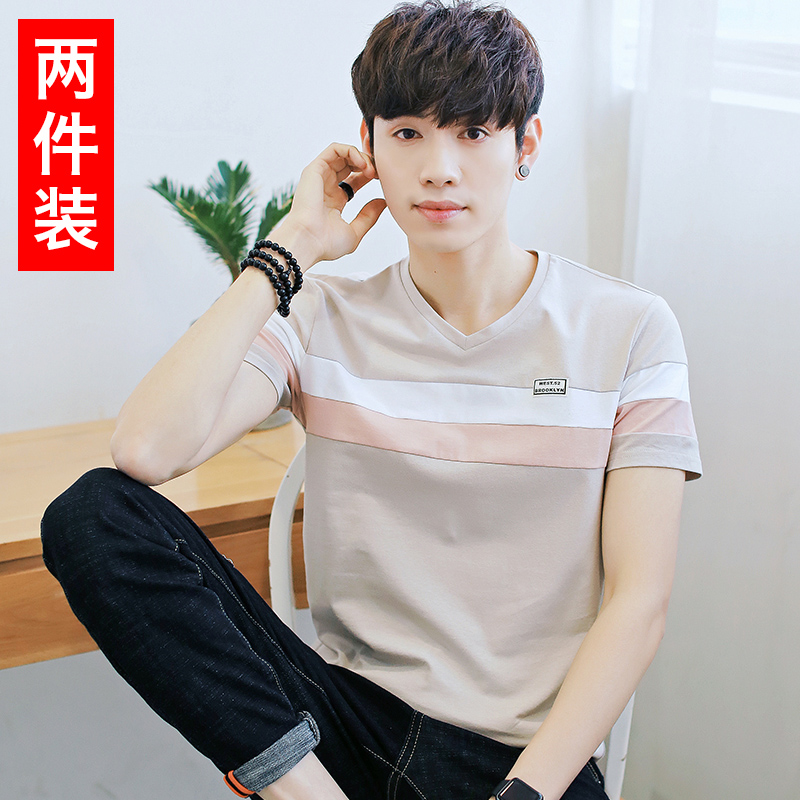 t恤男士短袖v领半袖体恤夏季潮流纯棉宽松拼接男装上衣短袖 t恤男