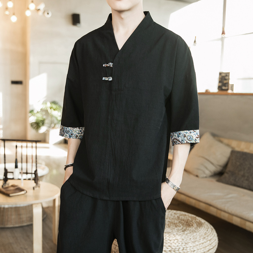 薄款古装茶服青年唐装汉服半袖短袖五分亚麻汉服