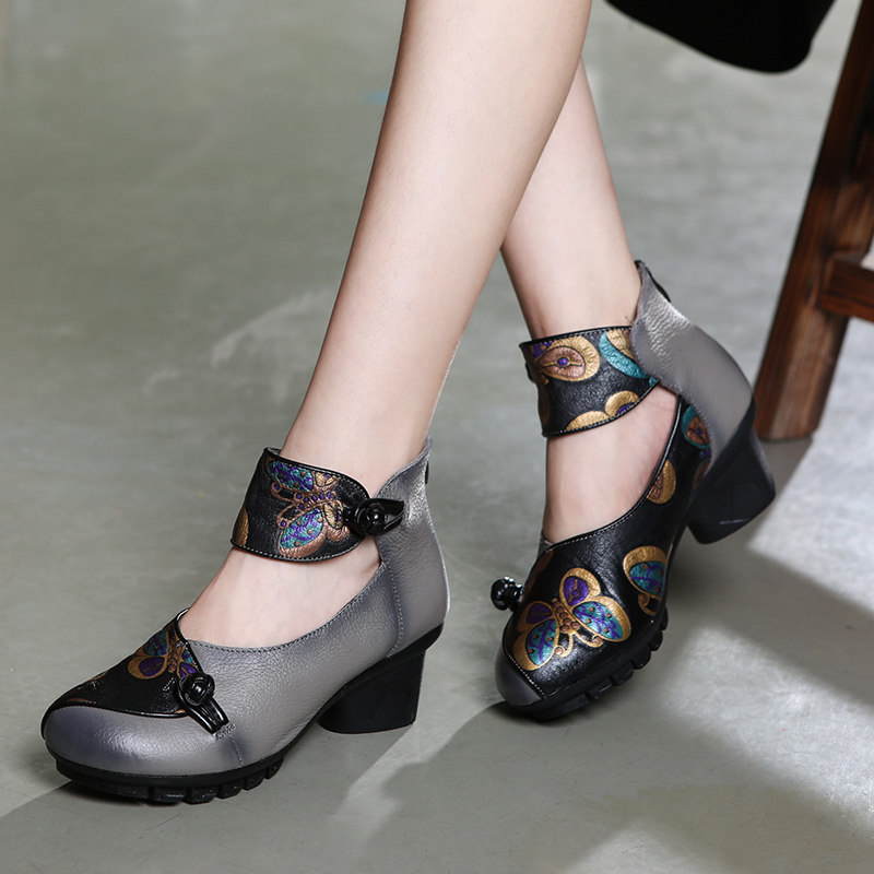 2020新款民族风复古手工女鞋真皮单鞋中粗跟口中单鞋