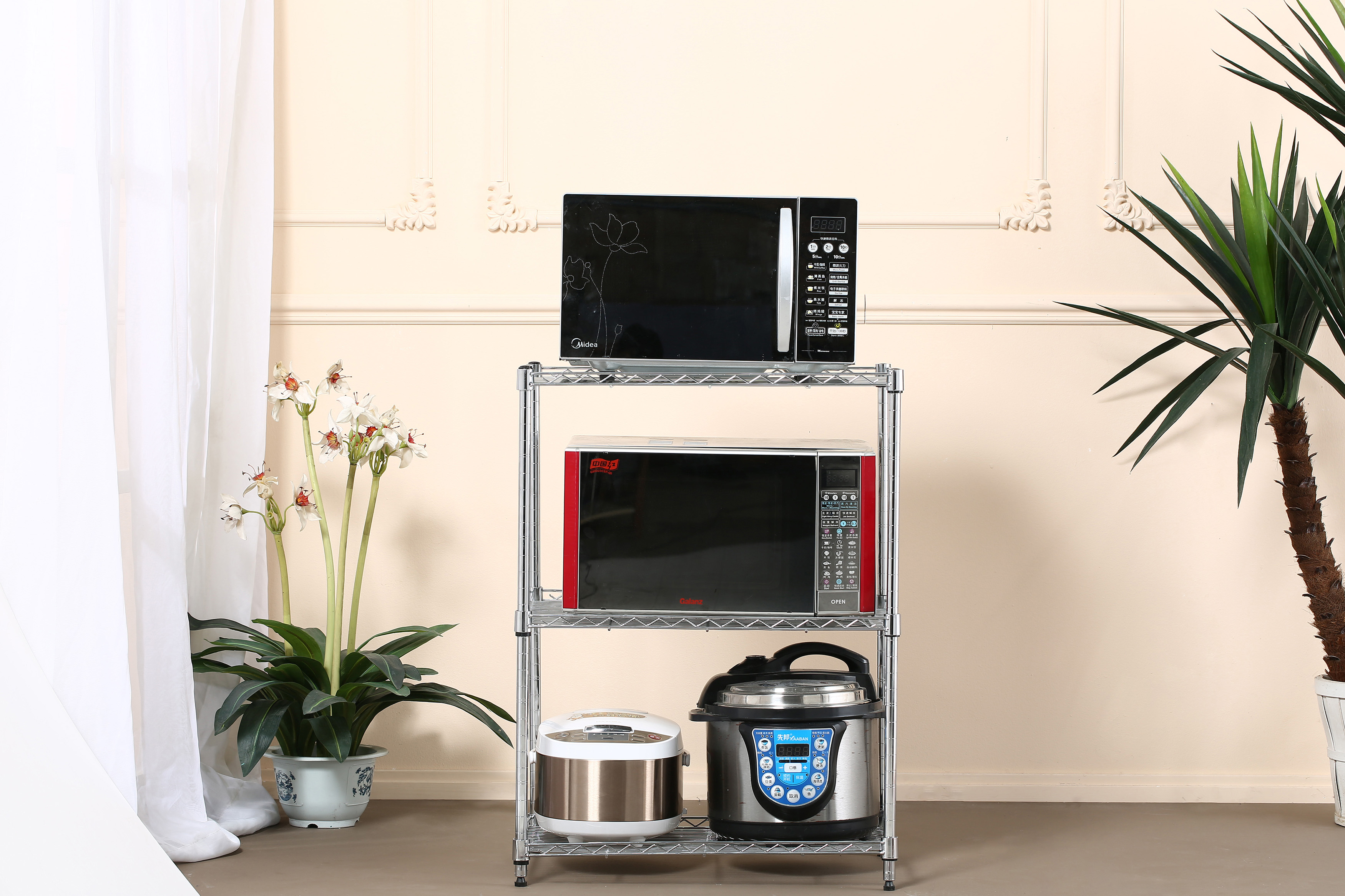 厨房层架落地不锈钢三层烤箱架子金属储物锅家用厨房置物架