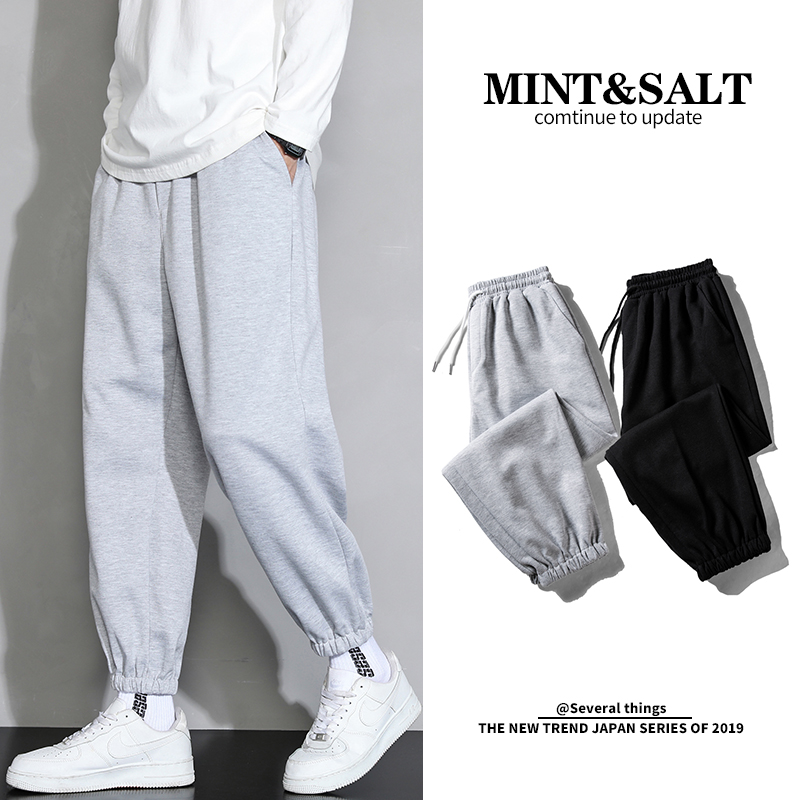 灰色运动裤男宽松大码束脚加绒加厚保暖卫裤潮流秋冬季休闲长裤子