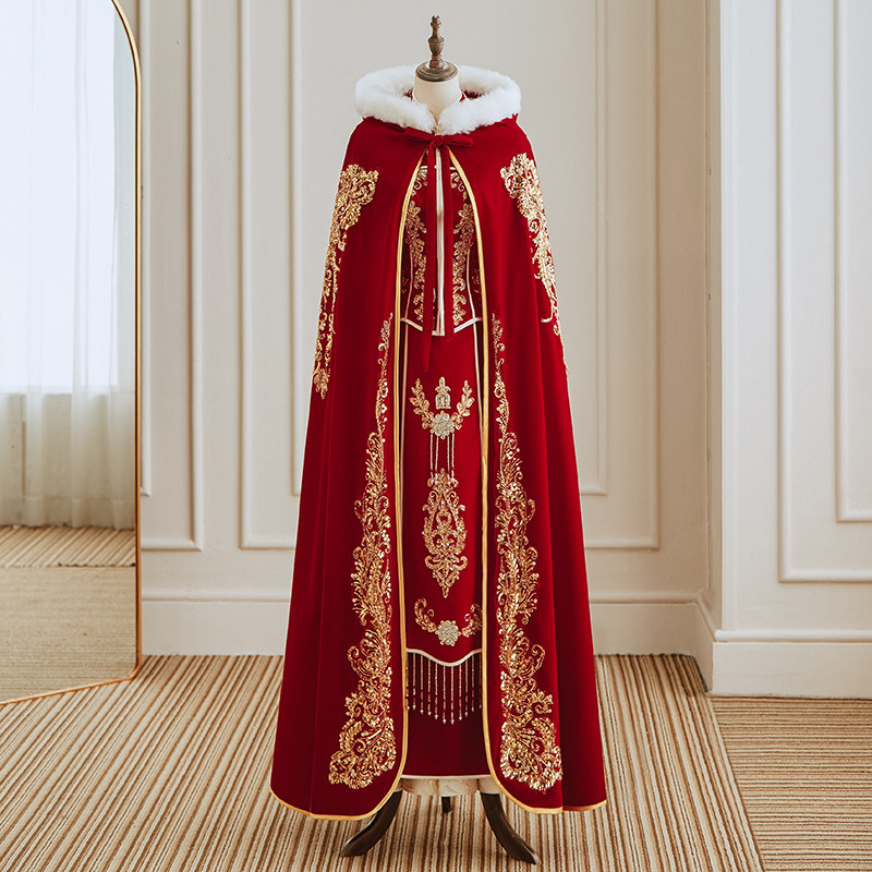 红色秀禾服披风斗篷女冬加厚保暖毛披肩中式新娘结婚外搭汉服外套
