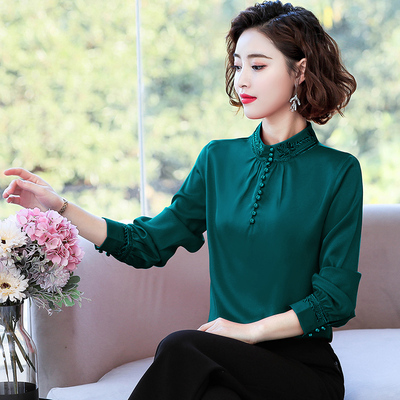 立领刺绣雪纺衬衫女长袖2020春装新款内搭洋气衬衣打底妈妈上衣秋