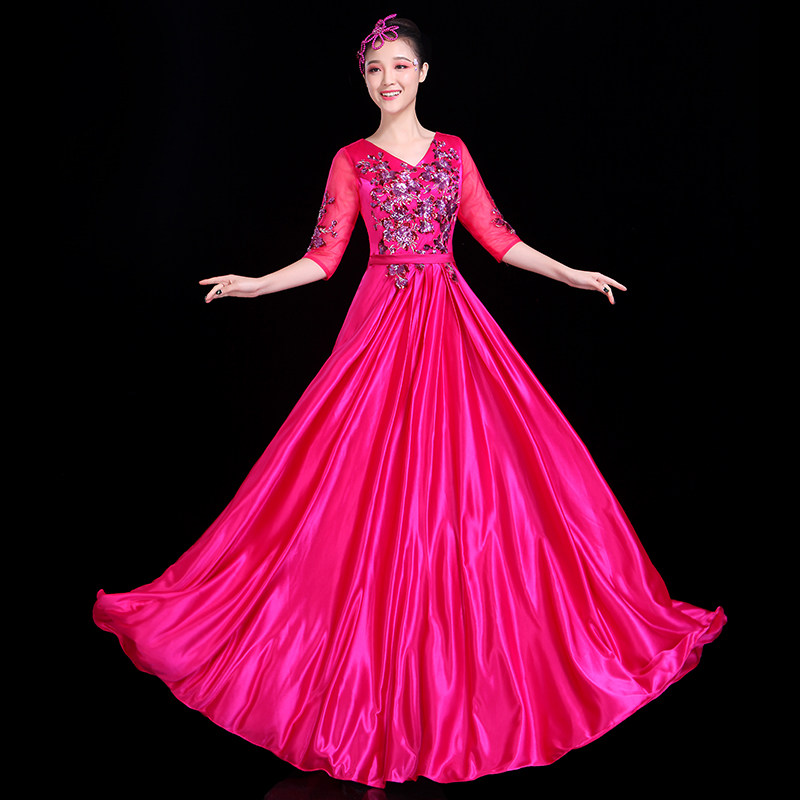 大合唱团演出服中老年唱红歌比赛礼服新款现代舞台优雅长裙服装女