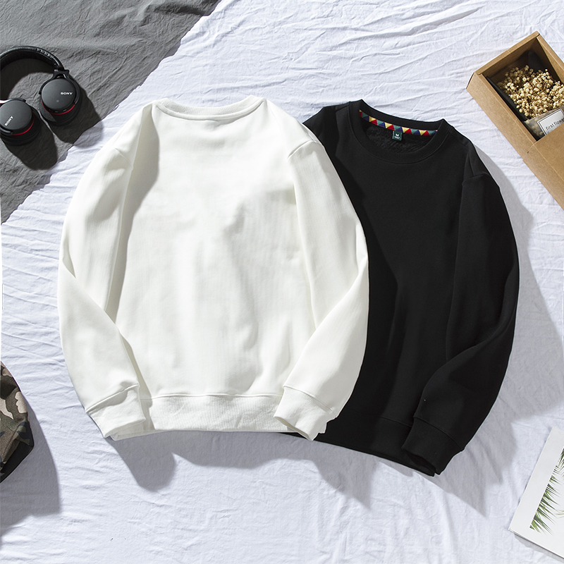 潮牌加绒卫衣男士上衣春秋潮流纯色圆领秋冬白色卫衣宽松打底长袖