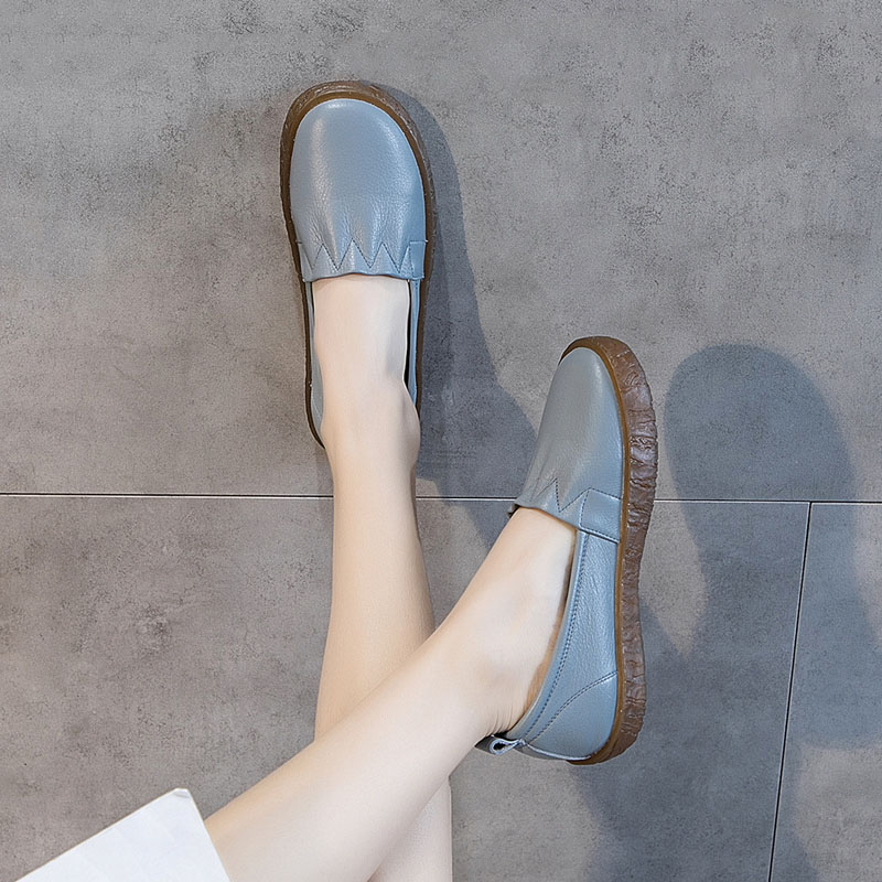 单鞋女鞋春夏新款真皮透气圆头软底皮鞋软皮奶奶鞋休闲百搭平底鞋