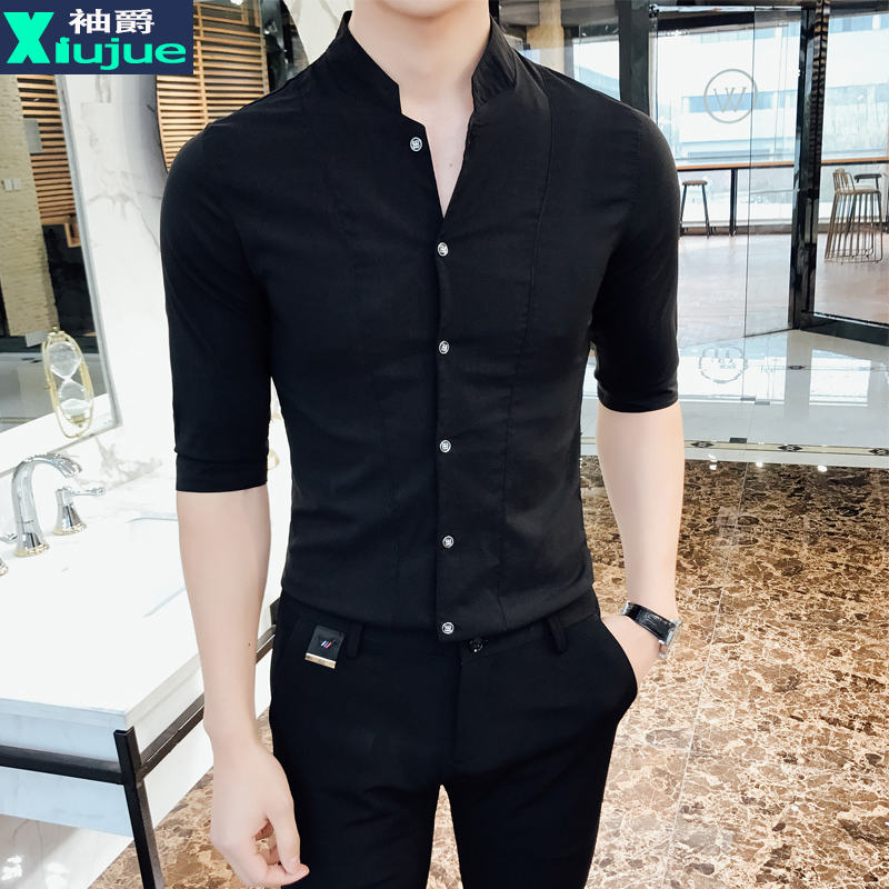七分袖衬衫男韩版修身潮流男士中袖衬衣帅气立领纯色休闲7分寸衫