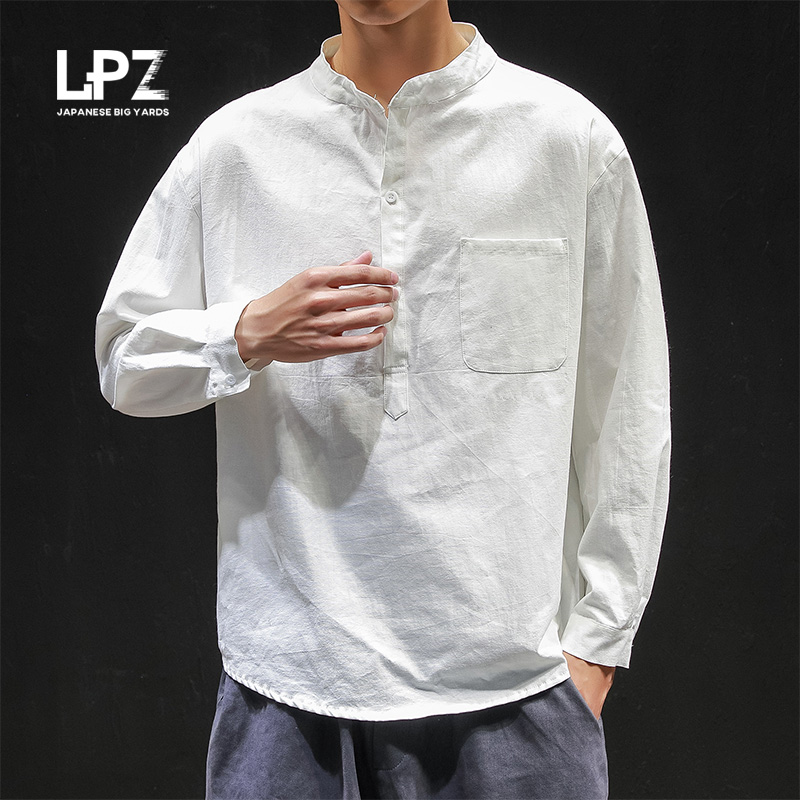 春季日系复古亚麻立领套头衬衫男长袖宽松潮流胖子大码休闲衬衣男