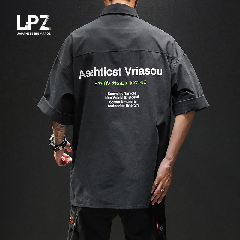 夏季日系字母印花七分袖衬衫男士宽松加肥加大码胖子潮牌短袖衬衣