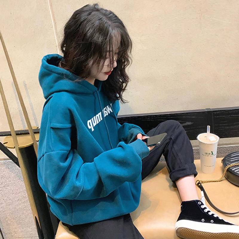 蓝色连帽卫衣女春秋季宽松炸街设计感小众秋冬加绒加厚上衣潮ins