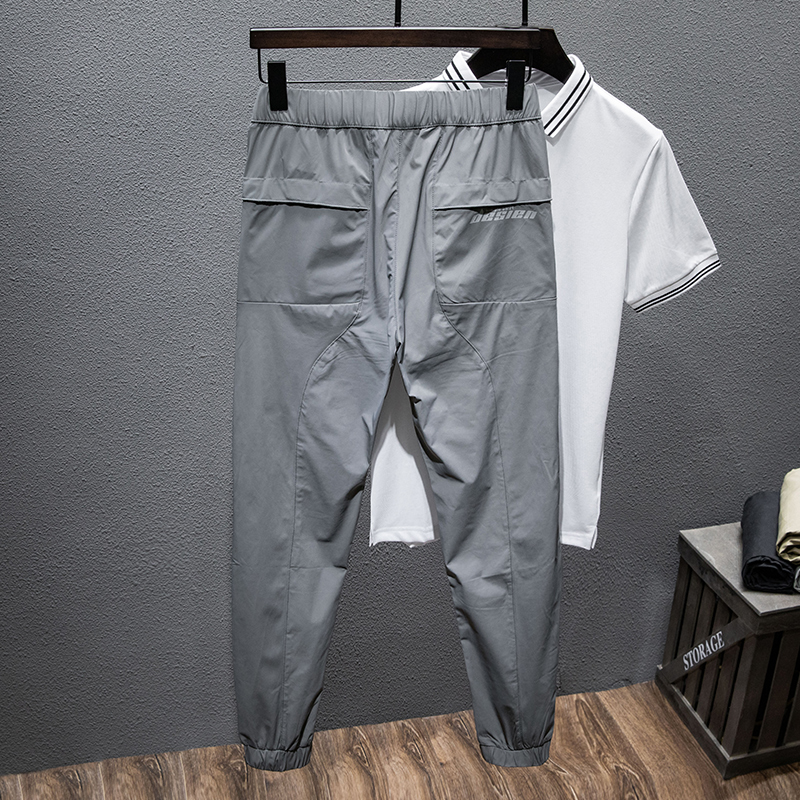 夏季冰丝运动休闲裤男修身小脚浅灰薄款九分裤帅气百搭束脚男裤子