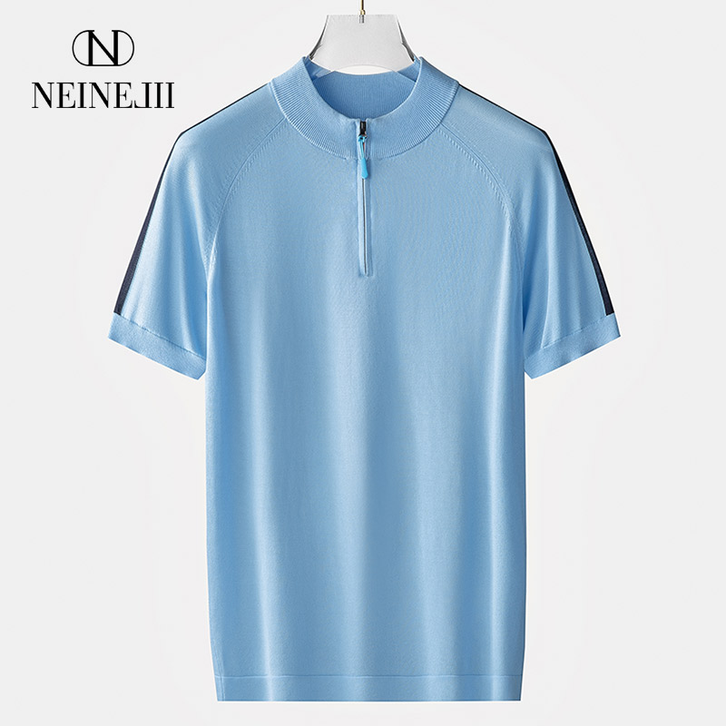 九际横机针织男士短袖t恤男宽松透气夏季天丝撞色条纹圆领体恤衫