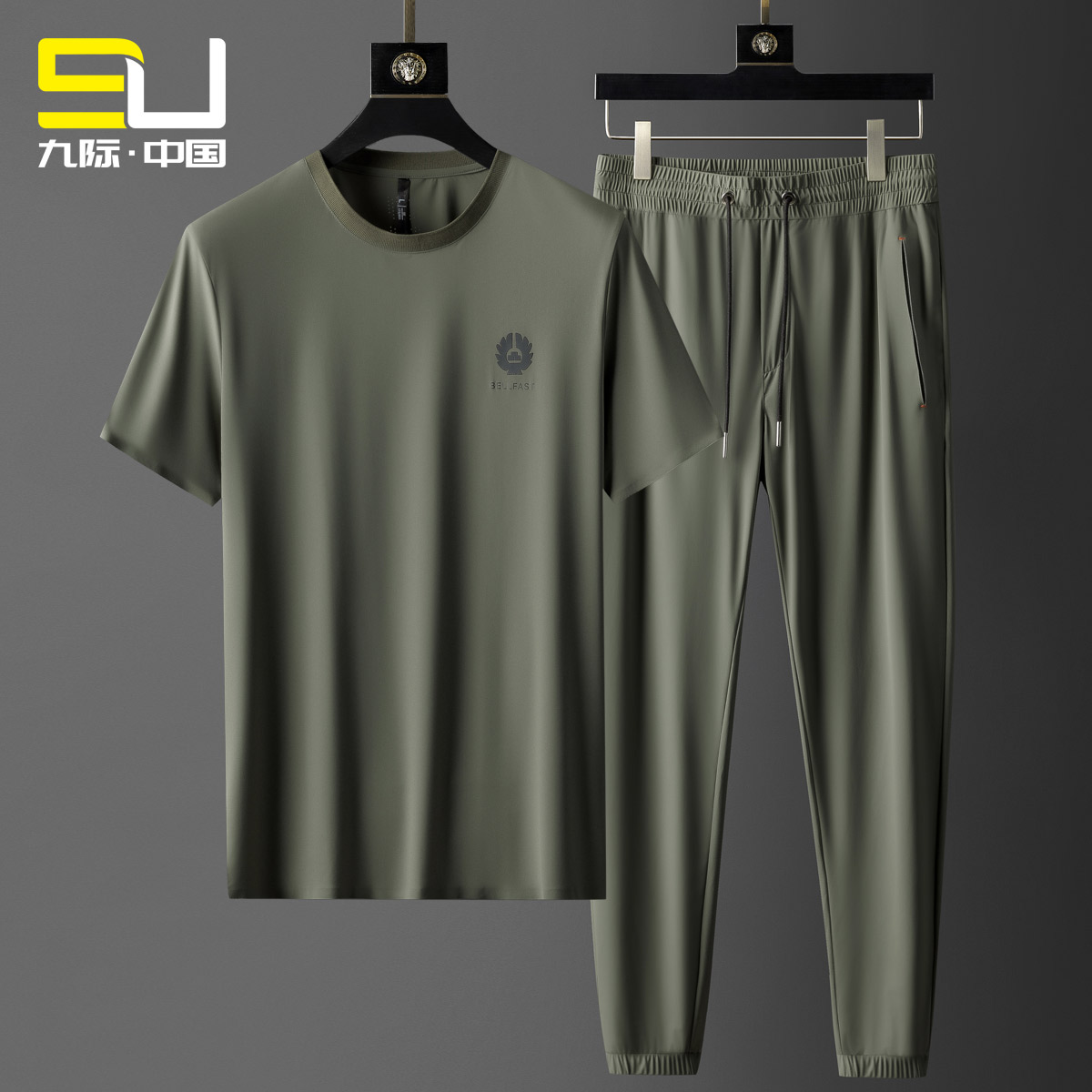 九际高档冰丝套装男士夏季薄款休闲运动套装中老年人短袖两件套