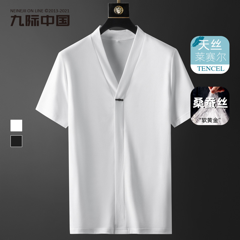 夏季高端桑蚕丝T恤中国风中年男士宽松透气白色V领短袖父亲体恤男