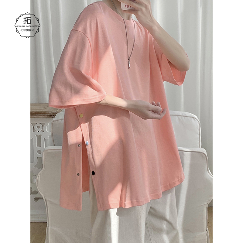 潮牌重磅纯棉短袖t恤男设计感小众排扣开叉七7分袖薄款情侣装夏装