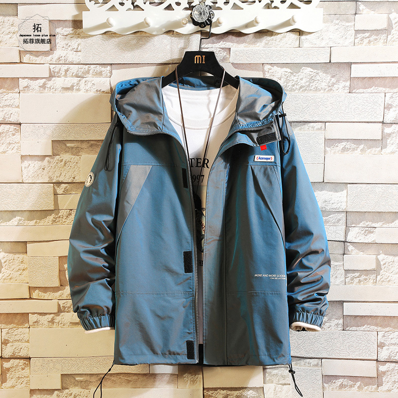 春秋新款炫彩渐变色夹克男潮牌加肥大码宽松胖子潮流运动工装外套