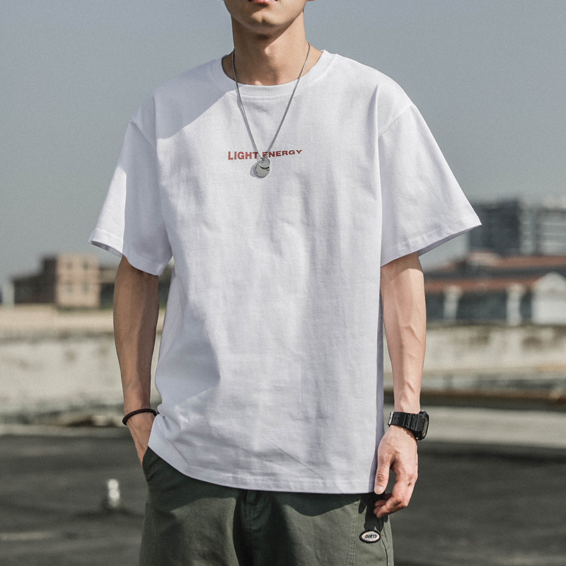 短袖T恤男上衣服夏季纯棉ins潮牌白色宽松半袖体恤纯色重磅打底衫