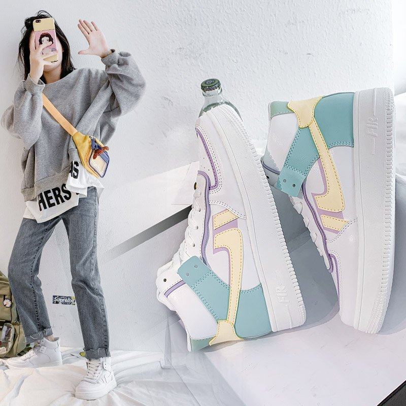 秋季aj女鞋海盐空军一号高帮板鞋女初中中学生马卡龙板鞋