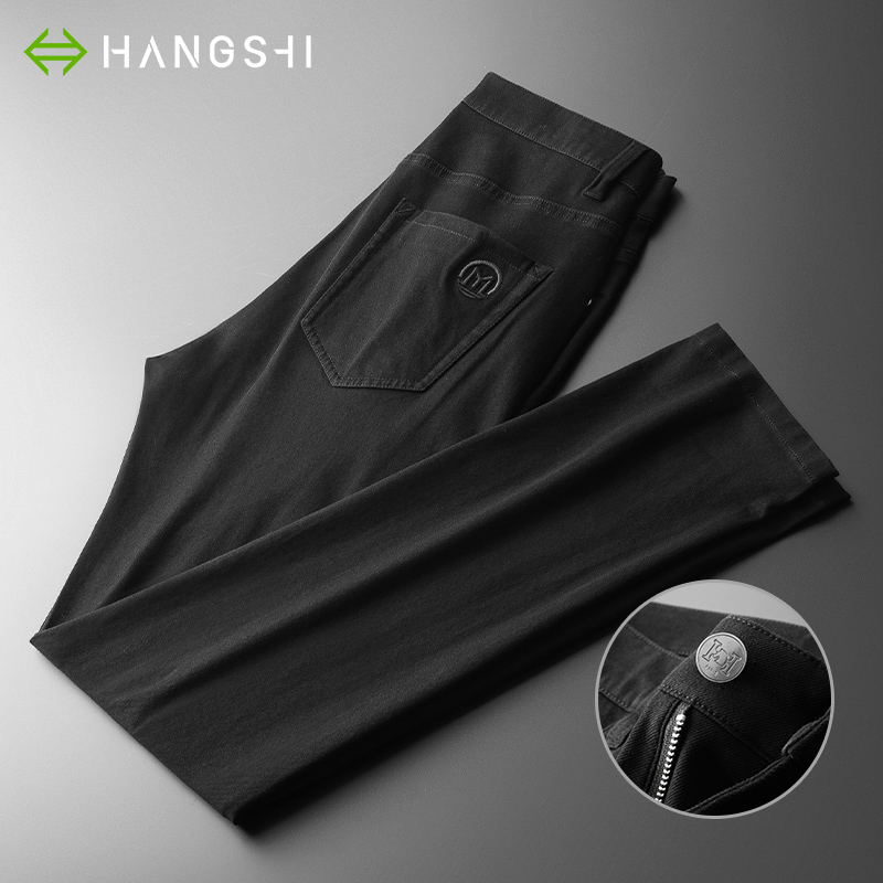 奢感超柔弹力莫代尔~黑色牛仔裤男直筒修身春秋季中年休闲裤子男