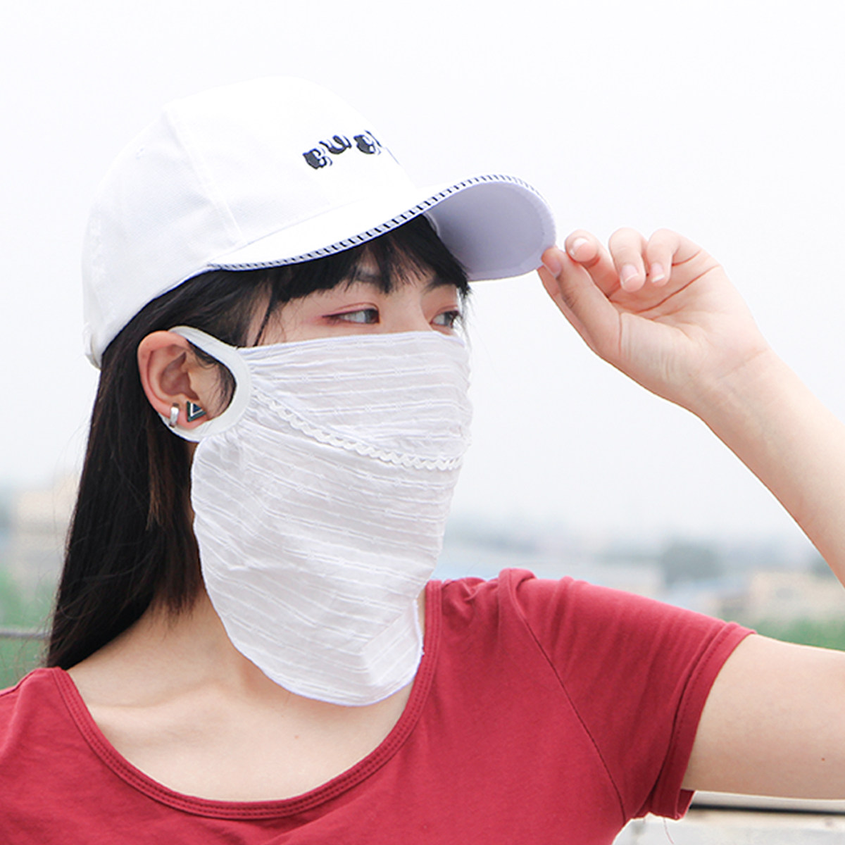 全棉防晒护颈口罩超薄透气 夏季防护遮阳护脸面纱面罩蕾丝边