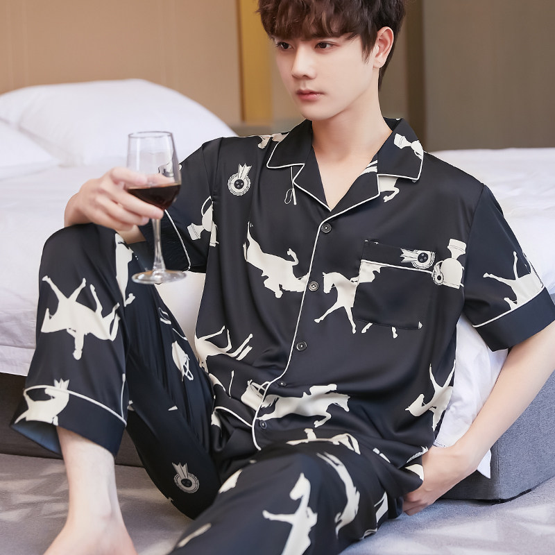 简约时尚青年男士睡衣夏季短袖薄款丝绸冰丝睡衣