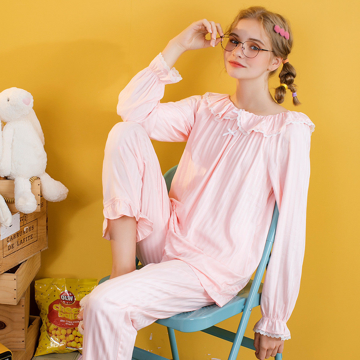 芬腾睡衣女士2021新款春秋长袖甜美可爱蕾丝睡衣