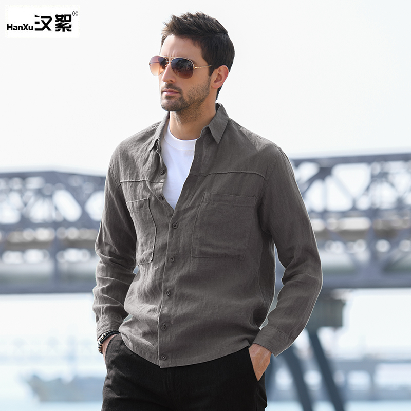 汉絮双口袋工装长袖亚麻衬衫男士文艺休闲宽松纯色麻料衬衣外套男