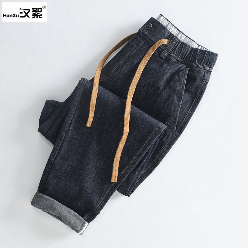 汉絮加绒加厚暗条纹牛仔长裤男士秋冬松紧腰系带裤子潮流休闲男裤
