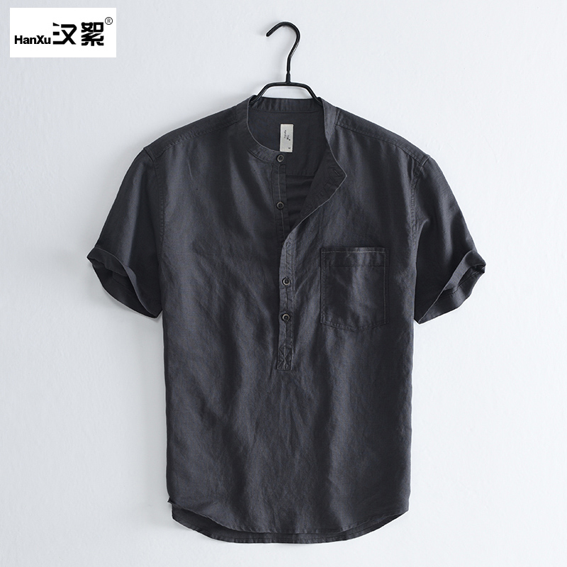 汉絮短袖立领棉麻衬衫男2022夏季休闲口袋立领宽松套头半袖衬衣薄