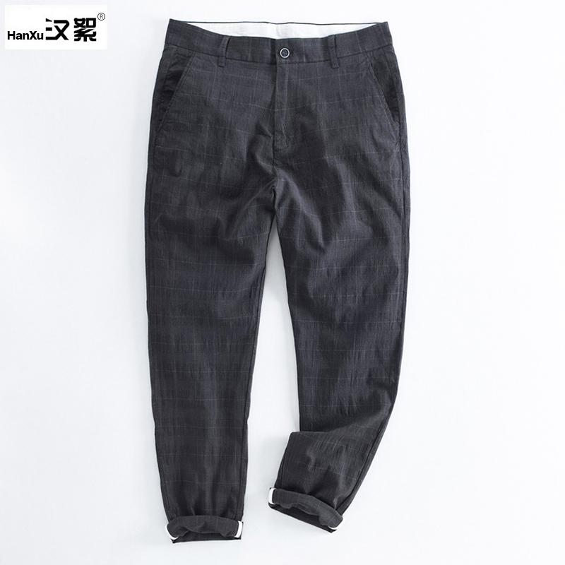 汉絮夏季薄款格子棉麻休闲长裤男士韩版修身小脚裤苎麻九分裤子男