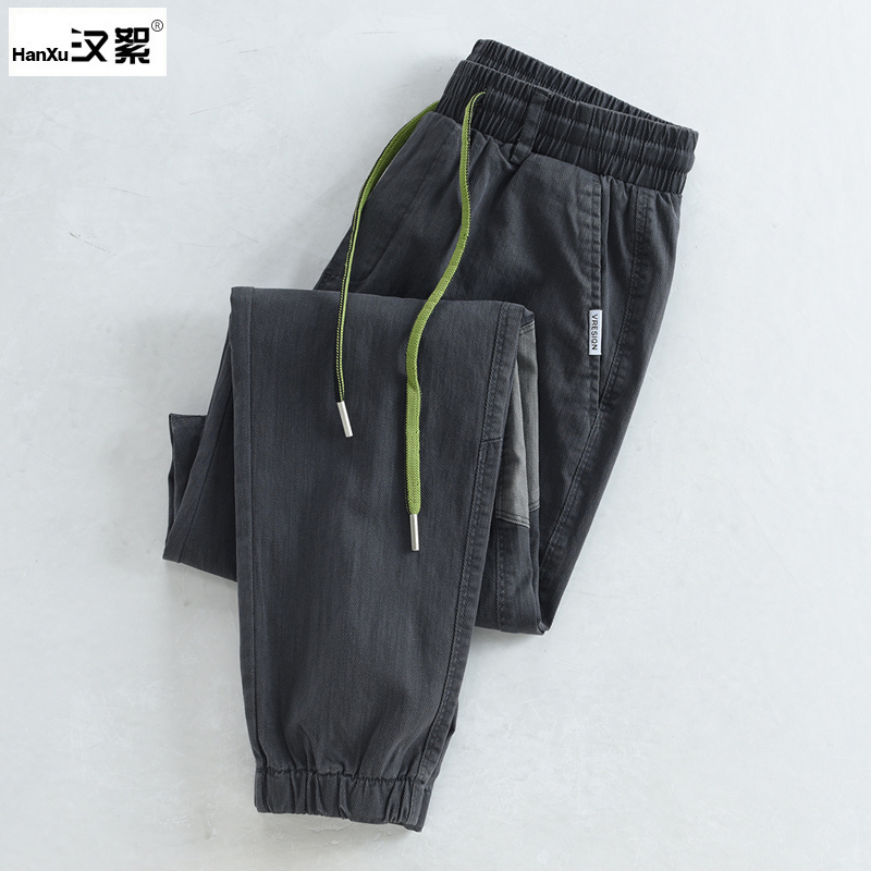 汉絮撞色拼接弹力棉牛仔裤男士松紧腰系带九分裤子潮流休闲束脚裤