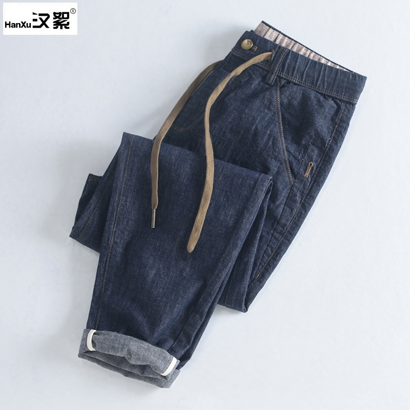 汉絮春季新款弹力棉麻休闲裤男士松紧腰合体直筒裤子男牛仔长裤潮