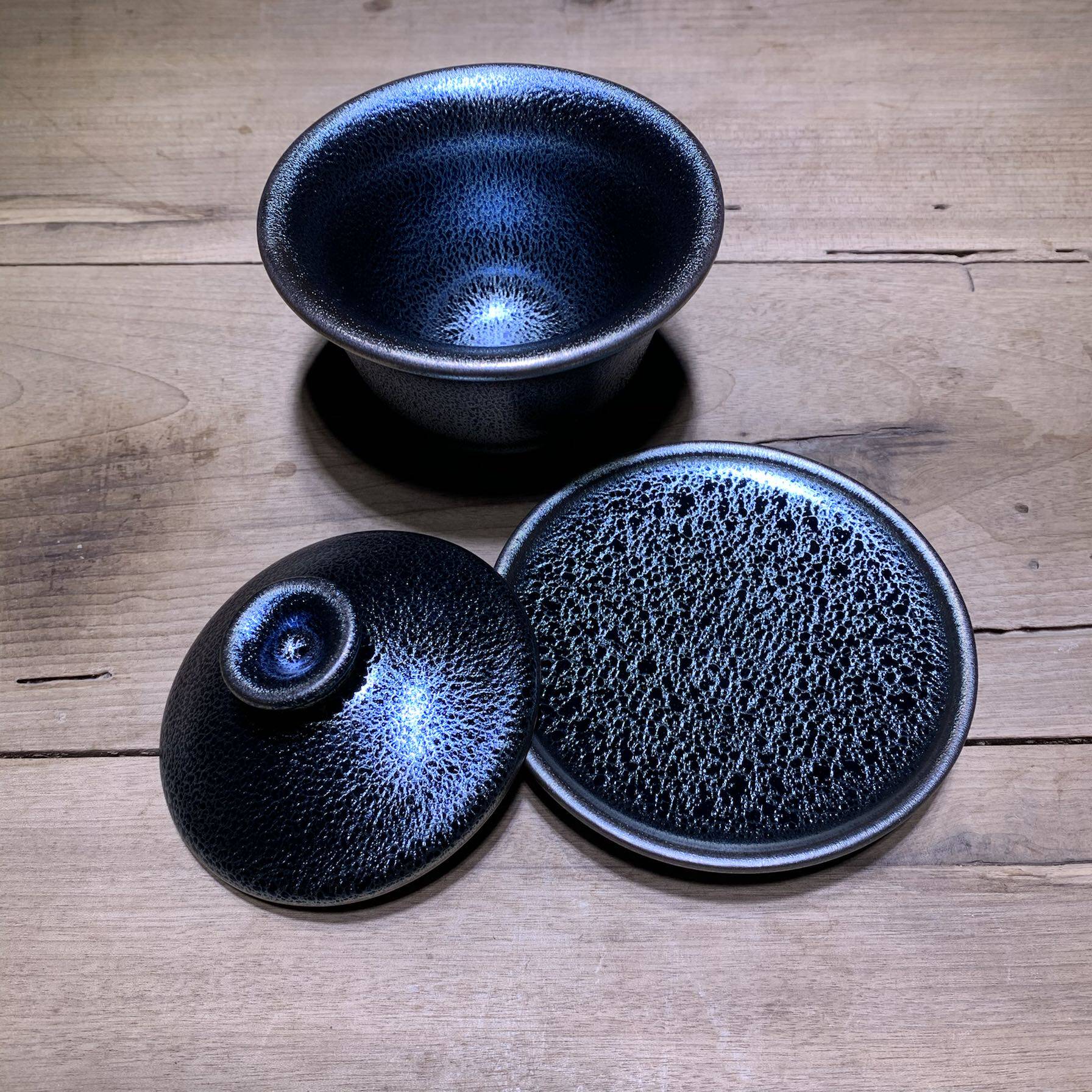 建阳建盏天目手工蓝麒麟三才盖碗碗泡茶茶托功夫茶具