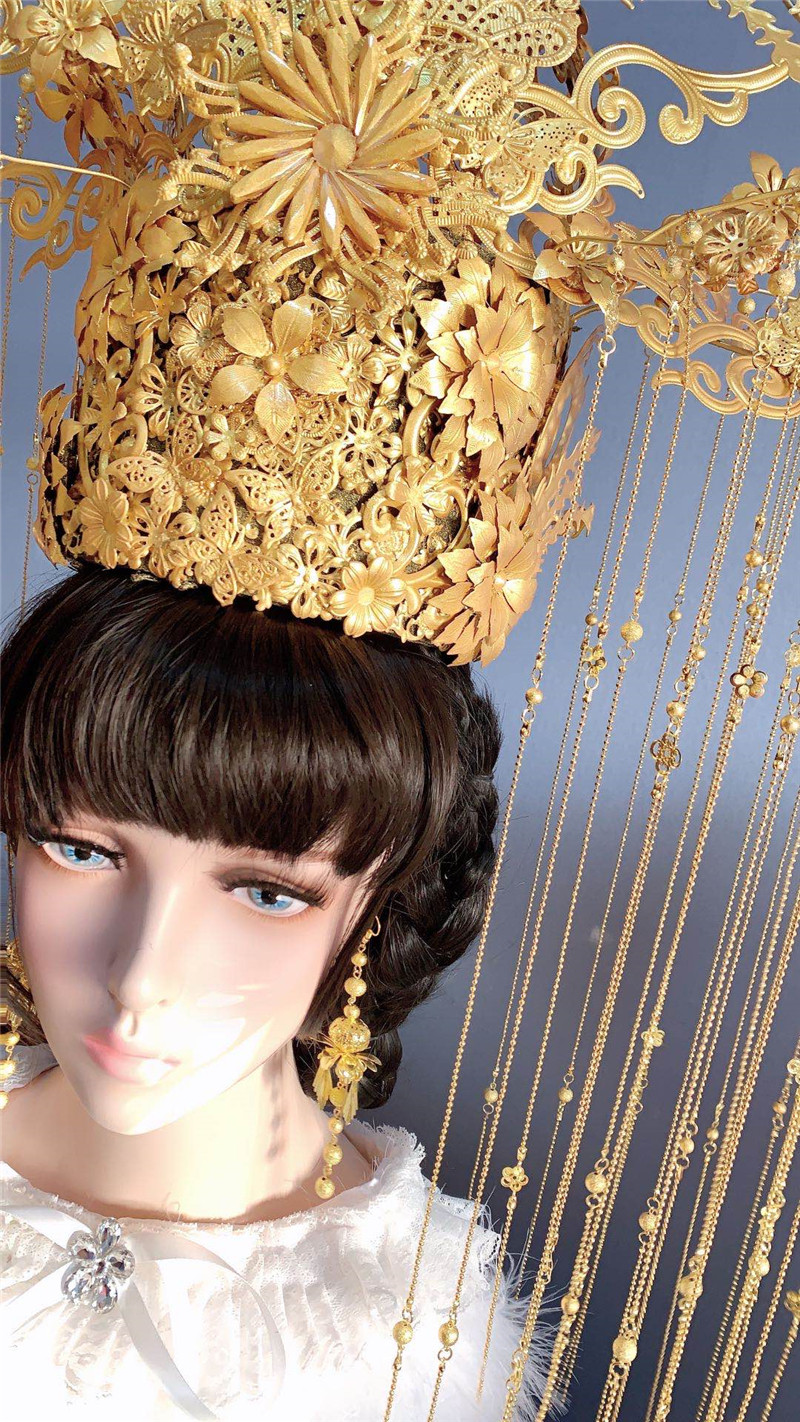 汉服发冠女古风凤冠秀禾新娘头饰金色发饰