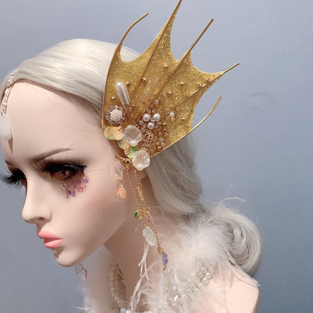 镭射人鱼耳饰渐变鲛人耳朵头饰仙气精灵发饰品发饰